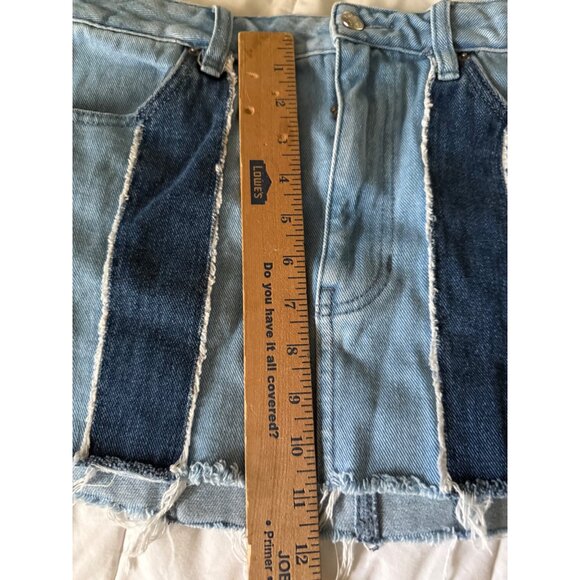Pacsun Womens Two-Tone Denim Mini Skirt Size 27 Fringe Hem Blue Patchwork Cotton - Picture 7 of 12